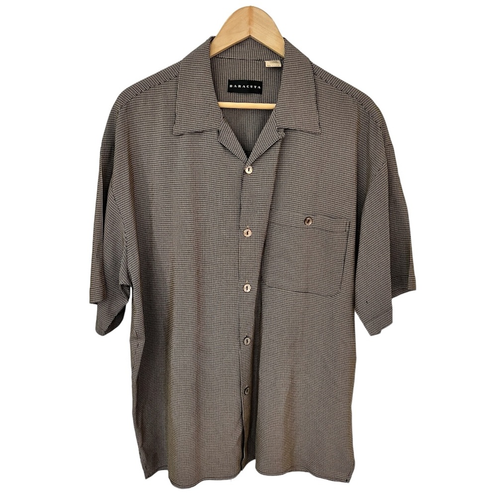 Button Down Short Sleeve Black & Tan Camp Shirt Mens Large
